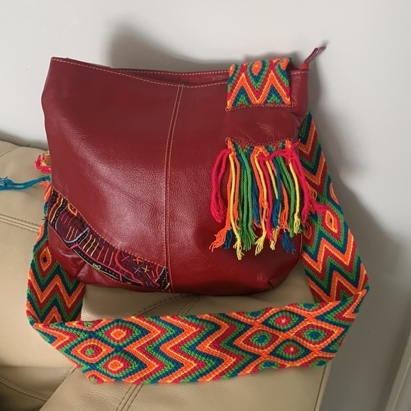 Leather bohemian red crochet red crossbody bag festive unique multicolored - Picture 1 of 16